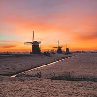 Die drei Windmühlen bei Stompwijk in den Niederlanden. an einem sehr kalten Morgen, aber mit einem wunderschönen Sonnenaufgang. foto