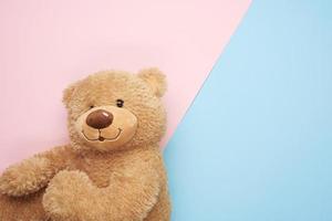süßer brauner teddybär auf einem rosa-blauen hintergrund, draufsicht foto