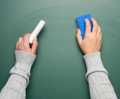 Hand hält ein Stück weiße Kreide auf dem Hintergrund einer leeren grünen Kreidetafel foto