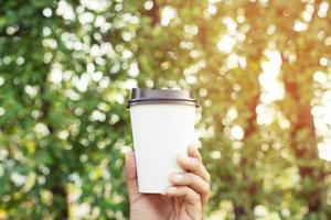 nahaufnahme leute junge weibliche hand, die pappbecher zum mitnehmen kaffee trinken auf natürlichem morgensonnenlicht hält, das im öffentlichen park sitzt. Platz für Ihren Text oder Ihr Logo. foto