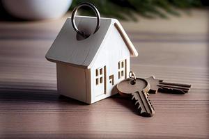 Immobilienkonzept - Schlüsselanhänger und Schlüssel auf weißem Holzhintergrund