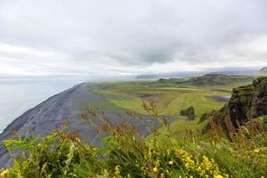 Panoramabild des schwarzen Reynisfjara-Strandes vom Dyrholaey-Aussichtspunkt in Südisland während des Tages foto