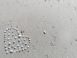 Nahaufnahme von Muscheln machen arrangierte Herzen am grauen Sandstrand mit Sonnenlicht im Sommer foto