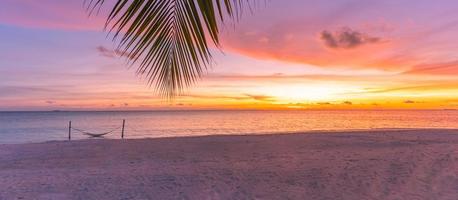 verschwommener Sonnenuntergang am Strand. palmblatt mit buntem himmel im sonnenuntergang. Sommerlandschaft, erstaunlich friedliche Stimmung. Naturlandschaft am tropischen Strand. Seesand-Sonnenunterganghimmel mit Horizont, wundervolle Landschaftskulisse foto