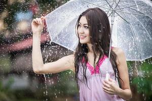 schönes Mädchen im Regen mit transparentem Regenschirm