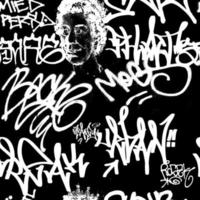 graffiti nahtloses muster mit abstrakten etiketten, bedeutungslosen buchstaben. Mode handgezeichnete Textur, Street Art Retro-Stil, Old-School-Design für T-Shirt, Textil, Packpapier, Schwarz und Weiß foto