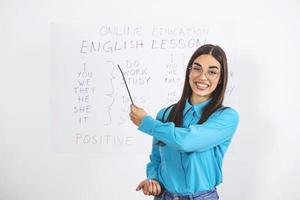 moderne Bildung aus der Ferne. Fröhliche junge Frau zeigt auf die Tafel und erklärt die Regeln des Englischen online foto