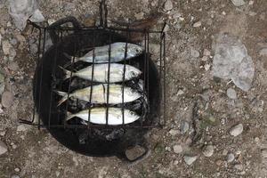 der Prozess der Herstellung von gegrilltem Fisch, der über Kokosnussschalenkohlen verbrannt wird foto