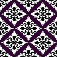 Nahtloses symmetrisches Muster abstrakter schwarzer und weißer geometrischer Formen auf violettem Hintergrund, Textur foto