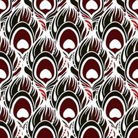 Nahtloses symmetrisches Muster aus Pfauenfedern in roten Farben und weißem Umriss, Textur, Design foto