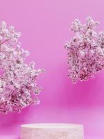 Einfaches minimalistisches quadratisches Podium aus Stein und rosafarbene Wand mit Kirschblütenbäumen, 3D-Rendering foto