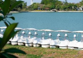 hinter dem spinnboot ente, die sich am wasserspeichersee oder stausee im öffentlichen park suan luang rama ix anstellt. foto