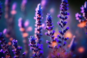 blühende flagant lavendelblumen auf einem feld, nahaufnahme violetter hintergrund foto