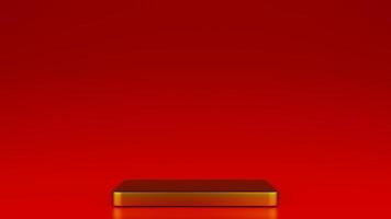 minimalistisches Goldsockelpodium isoliert auf rotem Hintergrund. 3D-Darstellung foto