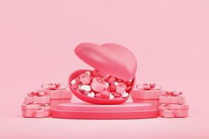 Valentinstag-Konzept. herz gefüllt mit herzen auf stapelpodium und geschenkboxen landschaft mit kopierraum auf rosa hintergrund 3d-illustration. foto