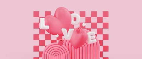 Valentinstag-Konzept. Liebesballonbuchstabe, Liebesform mit rosa Schachbretthintergrund 3d Illustration foto