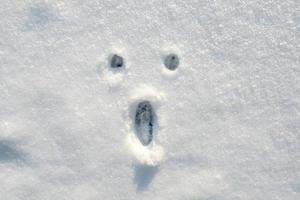 Ein überraschtes Smiley-Gesicht, das an einem sonnigen Wintertag auf den Schnee gemalt wurde. Platz kopieren. foto