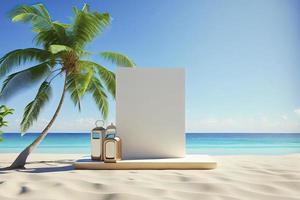 sommer tropischer hintergrund, podium am sandstrand auf meereshintergrund foto