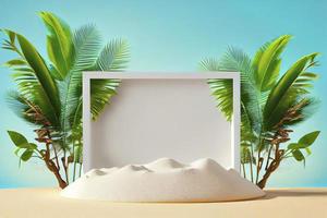 sommer tropischer hintergrund, podium am sandstrand auf meereshintergrund foto