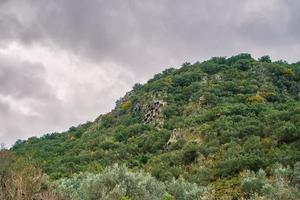 Lykische Felsengräber in Fethiye, Türkei an den Hängen eines Berges mit Olivenhainen foto