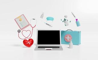 Erste-Hilfe-Kit-Tasche mit Laptop-Computer, Checkliste, Stethoskop, Spritze, rotes Herz isoliert auf weißem Hintergrund. Gesundheit, Liebe oder Weltherztag Konzept, 3D-Illustration, 3D-Rendering foto