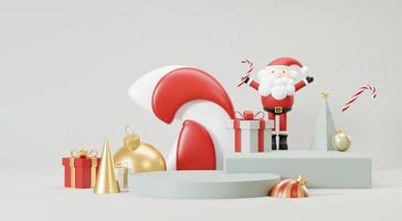 3D-Rendering Frohe Weihnachten Podium Plattformen Szene dekorieren mit Weihnachtsbaum, Geschenken, Ball und Schneeflocken im Winterthema. abstrakte minimale Sockelproduktanzeige festivel Xmas. foto