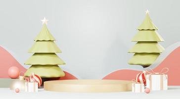 3D-Rendering Frohe Weihnachten Podium Plattformen Szene dekorieren mit Weihnachtsbaum, Geschenken, Ball und Schneeflocken im Winterthema. abstrakte minimale Sockelproduktanzeige festivel Xmas. foto