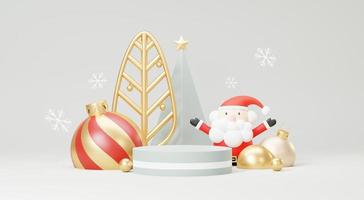 3D-Rendering Frohe Weihnachten Podium Plattformen Szene dekorieren mit Weihnachtsbaum, Geschenken, Ball und Schneeflocken im Winterthema. abstrakte minimale Sockelproduktanzeige festivel Xmas. foto