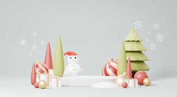 3D-Rendering Frohe Weihnachten Podium Plattformen Szene dekorieren mit Weihnachtsbaum, Geschenken, Ball und Schneeflocken im Winterthema. abstrakte minimale Sockelproduktanzeige festivel Xmas. foto