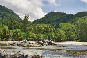 mahe seychellen wunderschöne wald- und felsformationen am einsamen strand foto