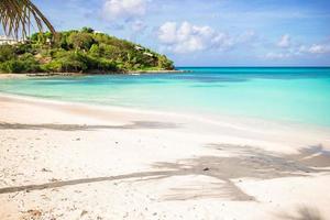 idyllischer tropischer strand in der karibik mit weißem sand, türkisfarbenem ozeanwasser und blauem himmel foto