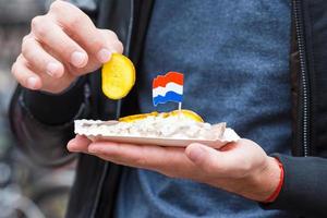 frischer hering mit zwiebeln und niederländischer flagge in der nahaufnahme der männlichen händen. traditionelles niederländisches essen foto