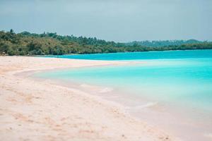 idyllischer tropischer strand in der karibik mit weißem sand, türkisfarbenem ozeanwasser und blauem himmel foto