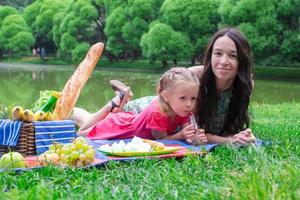 junge glückliche Familie mit zwei Picknicks im Park
