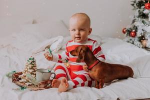 kleiner junge in rot-weißem pyjama isst einen schönen hausgemachten weihnachtskeks, der mit einem hund im bett sitzt. Kind und Haustier. Lebensstil. hochwertiges Foto