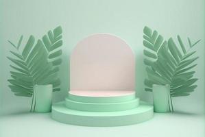 3D-Produktdisplay-Podium mit Blättern und weichem grünem Hintergrund foto
