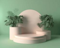 3D-Podium mit Blättern und weichem grünem Hintergrund foto
