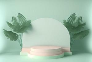 3D-Darstellung von Blättern und weichem grünem Hintergrund hinter dem Podium für die Produktpräsentation foto