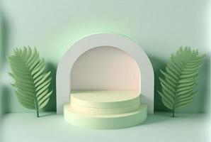 3D-Blatt-Podium auf weichem grünem Hintergrund für Produktpräsentation und -präsentation foto