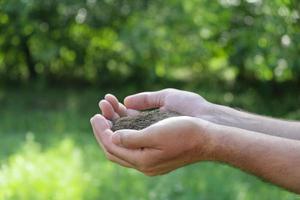 Erde in Händen auf grünem Hintergrund. Konzept der Landwirtschaft und des Gartenbaus foto