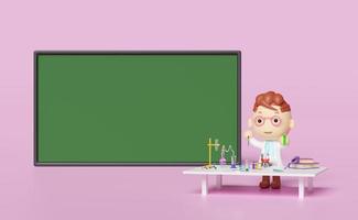 3D grüne Tafel mit Cartoon-Junge, Becher, Reagenzglas, wissenschaftlichem Experimentierkit, Raum isoliert auf rosa Hintergrund. zimmer online innovatives bildungskonzept, 3d-renderillustration foto