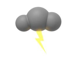 graue Cartoon-Wolke mit Blitz. 3D-Rendering. Symbol auf weißem Hintergrund. foto