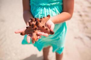 Closeup Seesterne in den Händen eines kleinen Mädchens foto