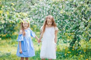 Entzückende kleine Mädchen im blühenden Apfelbaumgarten am Frühlingstag foto