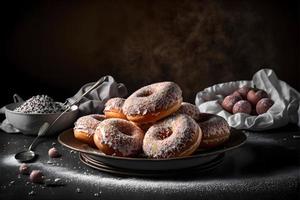 Donuts auf weißem Hintergrund, perfekt für Werbung, Verpackung, Menüs, Kochbücher. Hervorheben von Texturen und Details, Aufnahme von oben, hochauflösend, geeignet für Druck, Poster, Banner und mehr foto