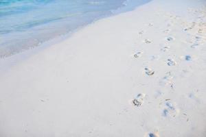 menschliche Fußabdrücke am weißen Sandstrand foto