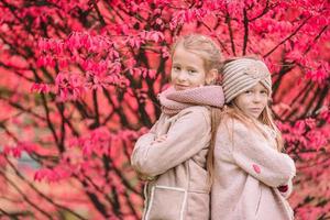 Kleine entzückende Mädchen im Freien am warmen, sonnigen Herbsttag foto