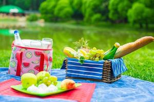 Picknickkorb mit Obst, Brot und einer Flasche Weißwein foto