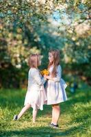 Entzückende Mädchen im blühenden Apfelgarten am sonnigen Frühlingstag foto