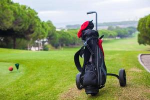 Nahaufnahme der Golftasche auf einem grünen perfekten Feld foto